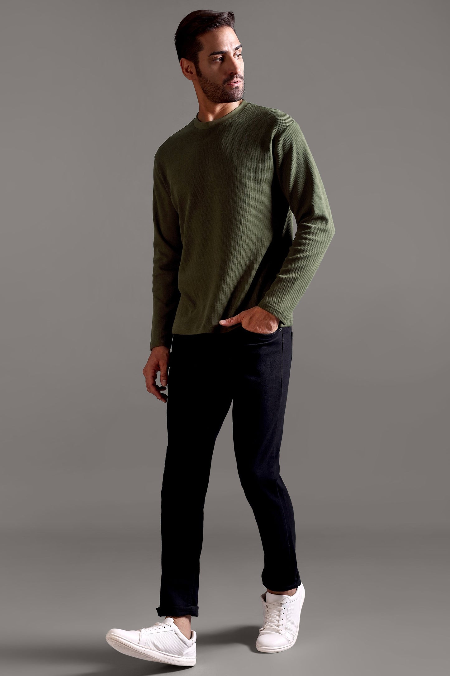 Waffle Textured Crew Neck Full Sleeve - Olive Green - String Scape- 920.00