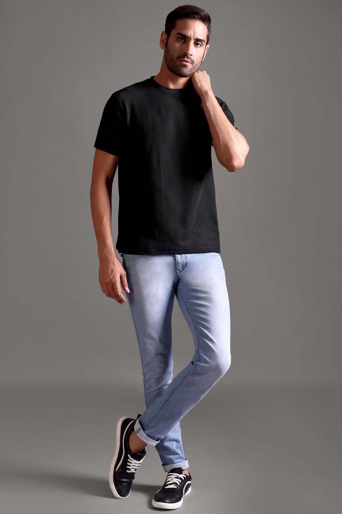 Honeycomb Waffle Textured Crew Neck - Black - String Scape