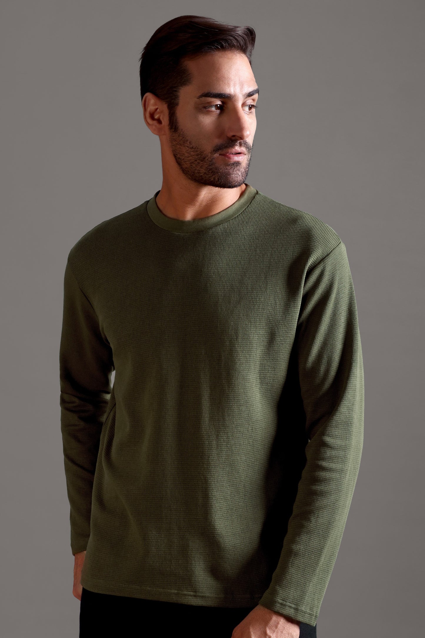 Waffle Textured Crew Neck Full Sleeve - Olive Green - String Scape- 920.00