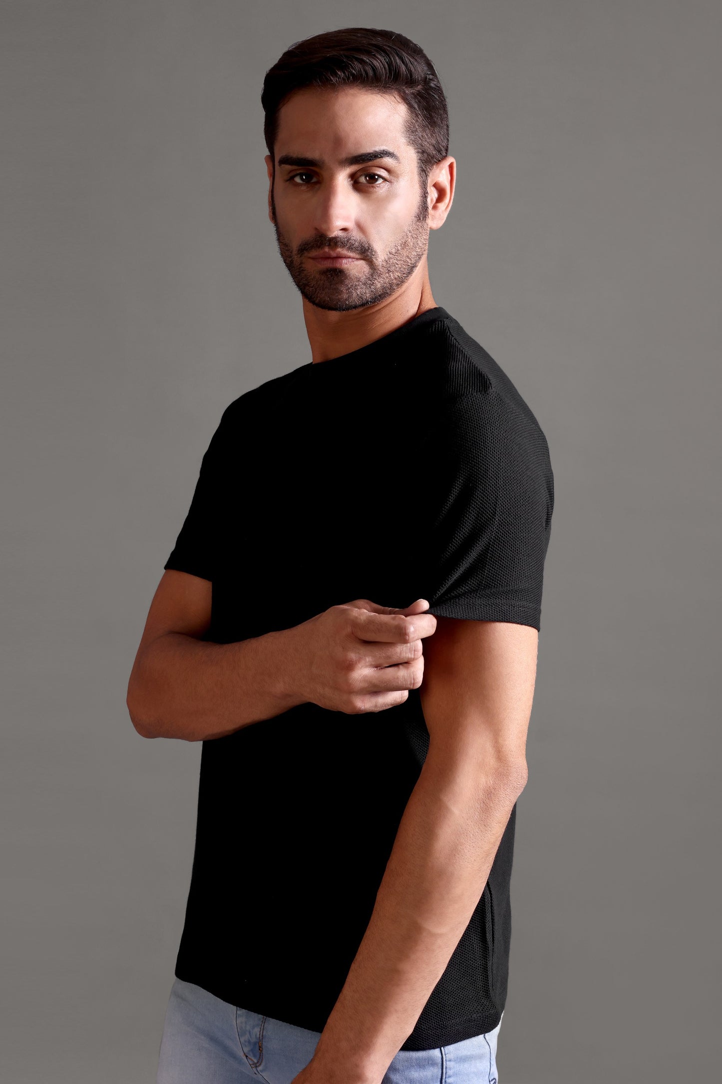 Honeycomb Waffle Textured Crew Neck - Black - String Scape