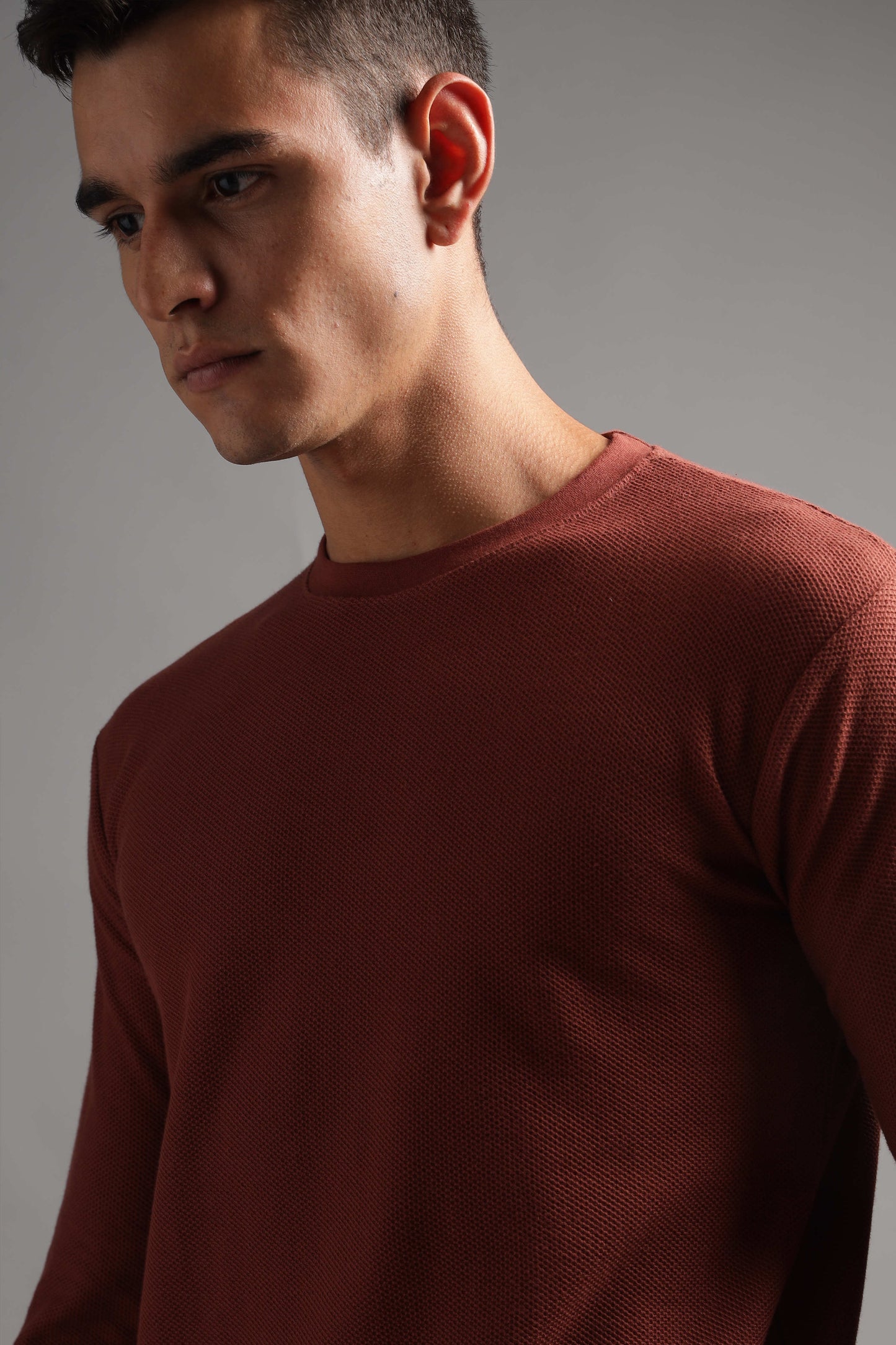 Honeycomb Waffle Textured Crew Neck Full Sleeve - Rust (Deep Maroon) - String Scape