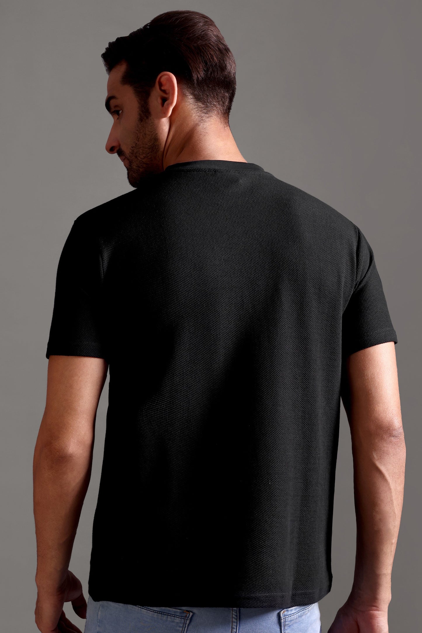 Honeycomb Waffle Textured Crew Neck - Black - String Scape