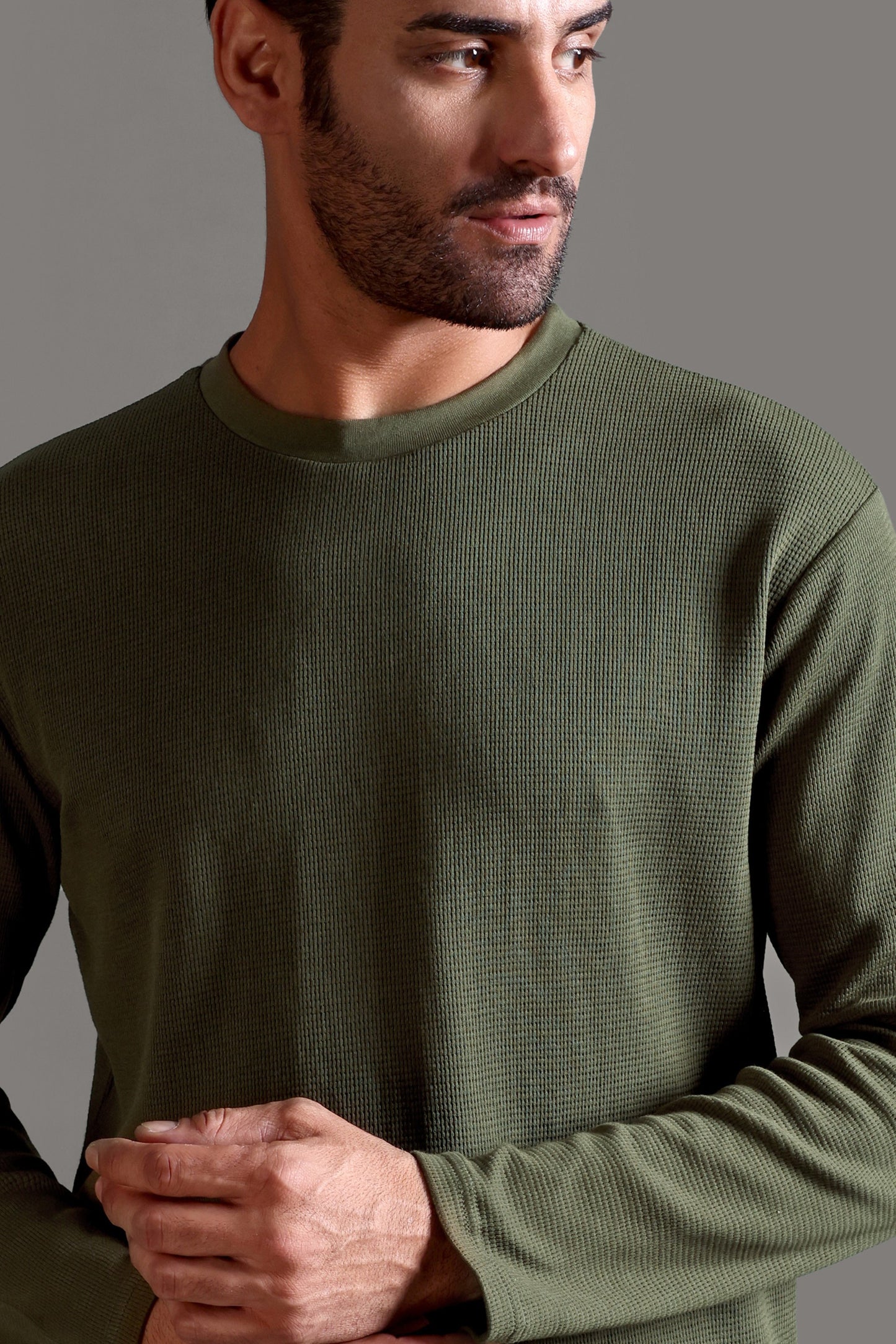 Waffle Textured Crew Neck Full Sleeve - Olive Green - String Scape- 920.00