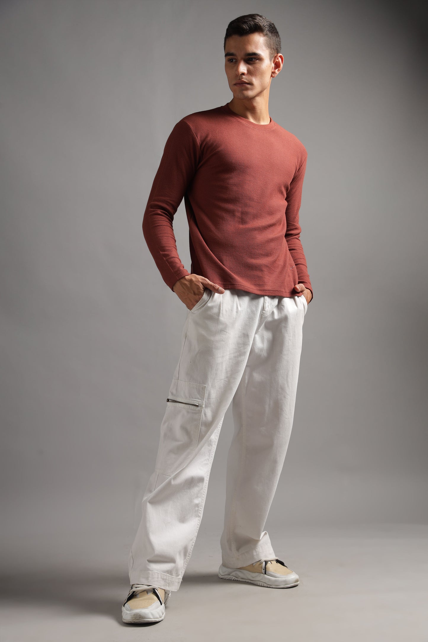 Honeycomb Waffle Textured Crew Neck Full Sleeve - Rust (Deep Maroon) - String Scape