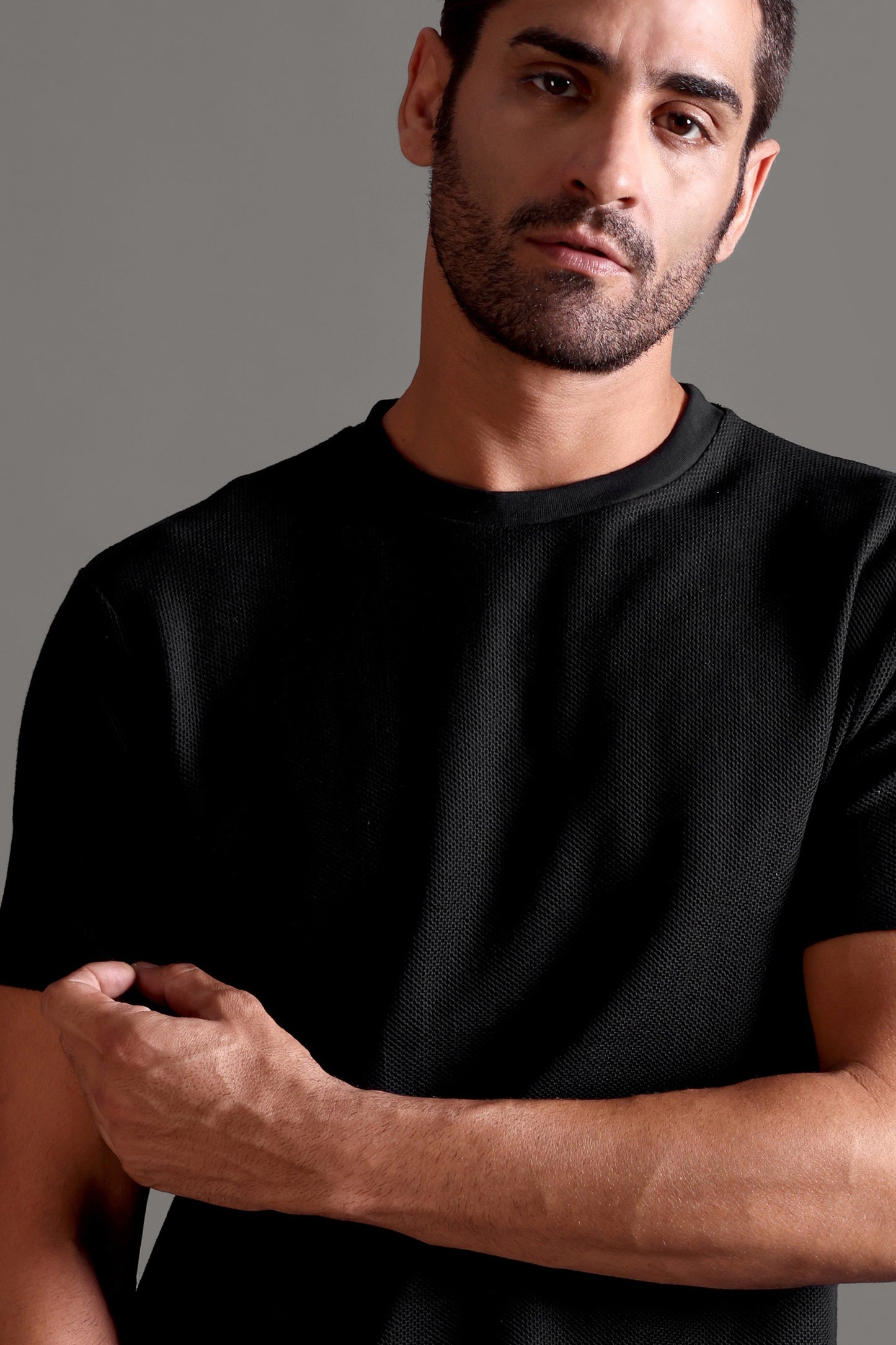 Honeycomb Waffle Textured Crew Neck - Black - String Scape