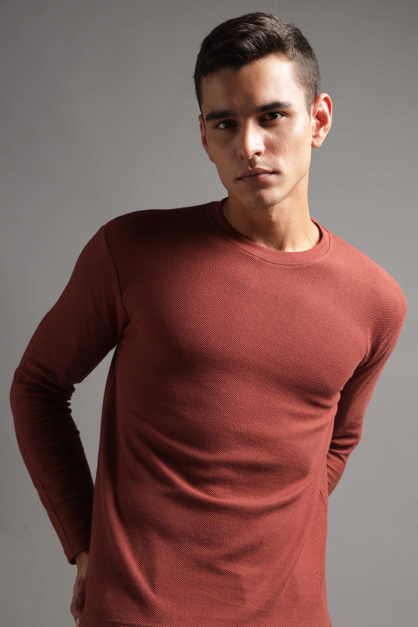 Honeycomb Waffle Textured Crew Neck Full Sleeve - Rust (Deep Maroon) - String Scape