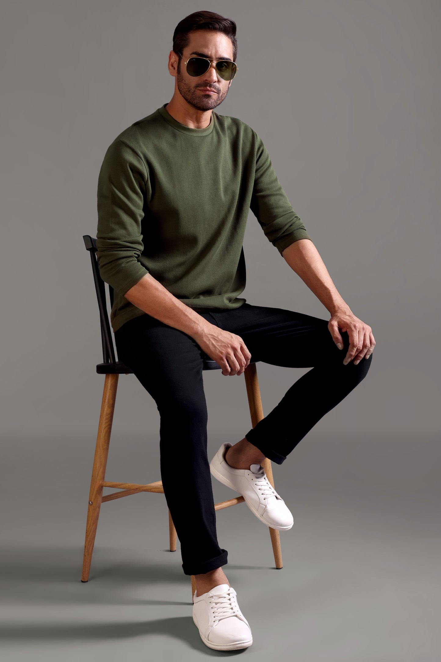 Waffle Textured Crew Neck Full Sleeve - Olive Green - String Scape- 920.00