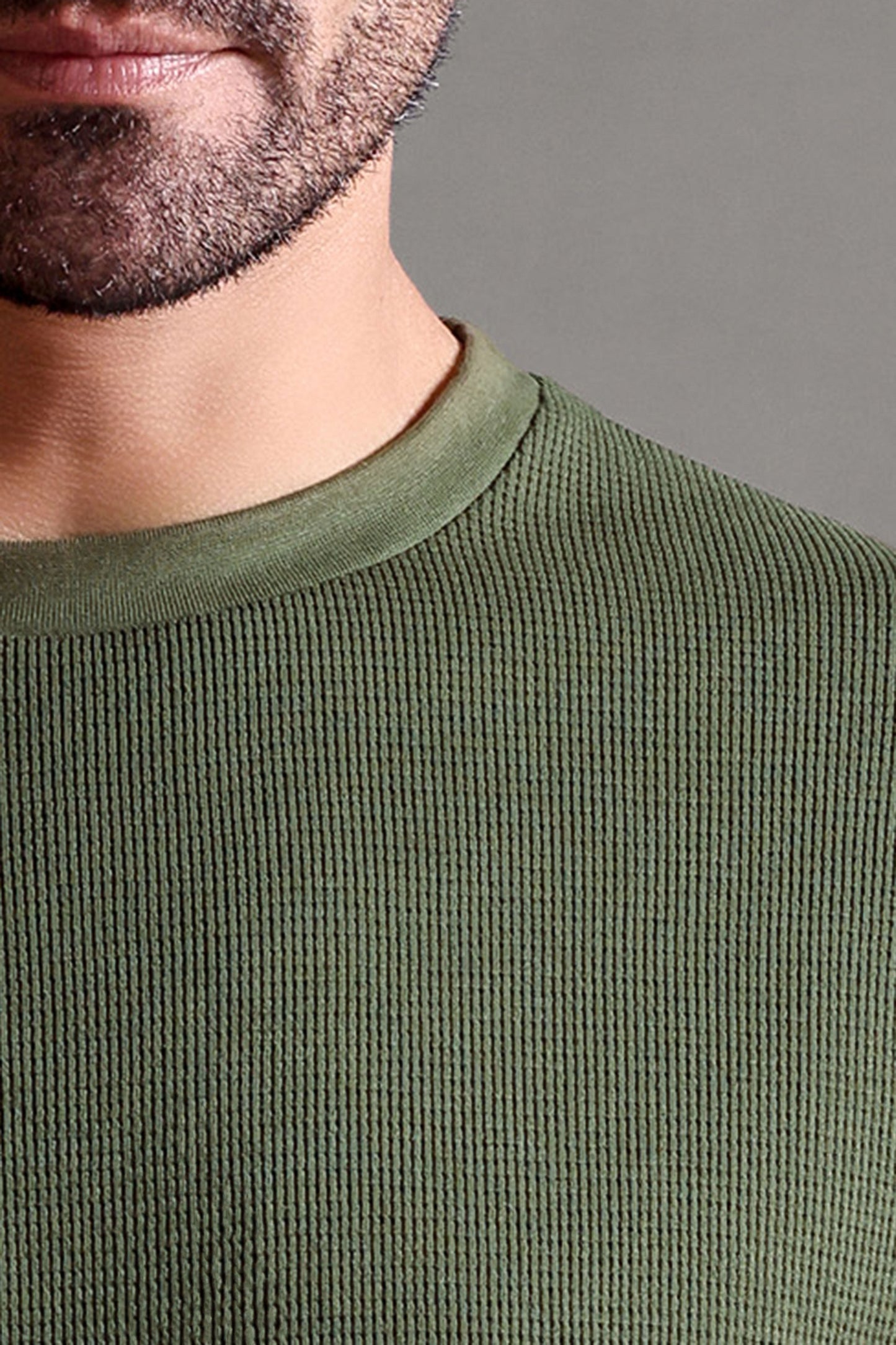 Waffle Textured Crew Neck Full Sleeve - Olive Green
