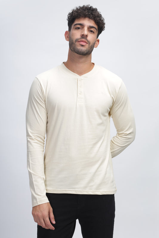 100% Pure Supima Cotton Henley Full Sleeve - Beach (Beige) - String Scape