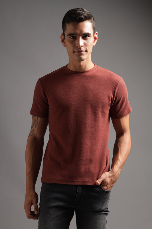 Honeycomb Waffle Textured Crew Neck - Rust (Deep Maroon) - String Scape