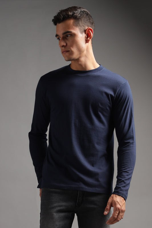100% Pure Supima Cotton Crew Neck Full Sleeve - Night Fall (Navy) - String Scape