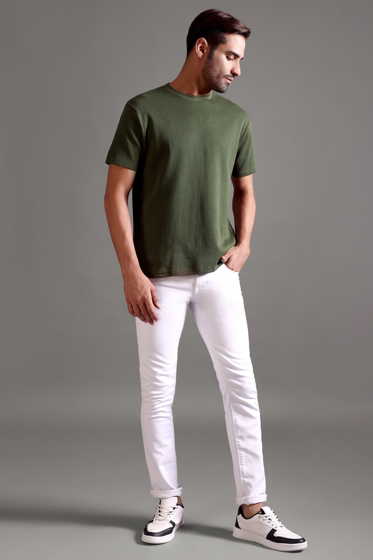Waffle Textured Crew Neck - Olive Green - String Scape