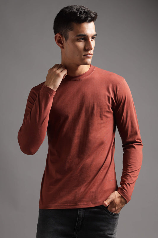 100% Pure Supima Cotton Crew Neck Full Sleeve - Rust (Deep Maroon) - String Scape