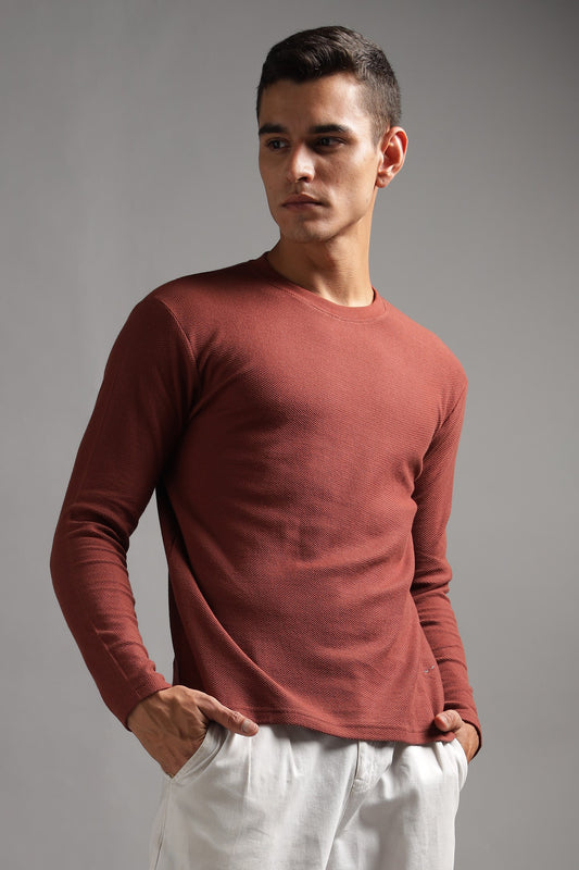 Honeycomb Waffle Textured Crew Neck Full Sleeve - Rust (Deep Maroon) - String Scape
