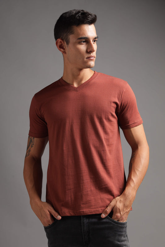 100% Pure Supima Cotton V Neck - Rust (Deep Maroon) - String Scape
