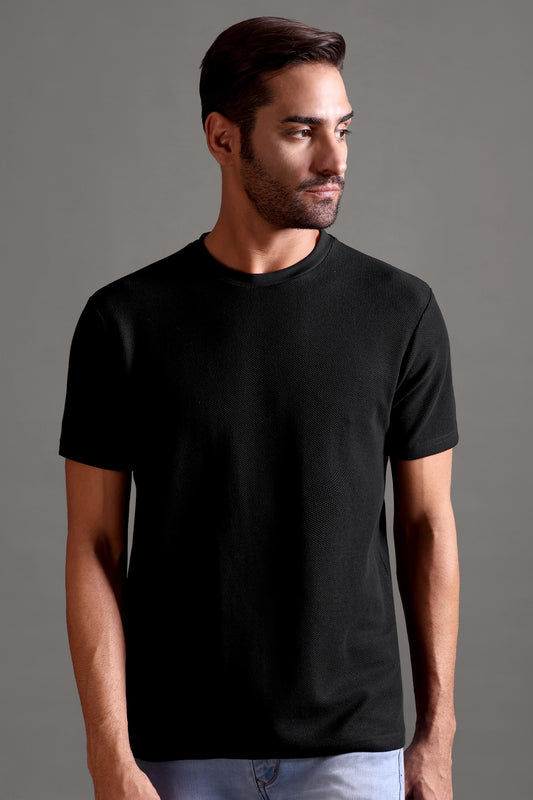 Honeycomb Waffle Textured Crew Neck - Black - String Scape