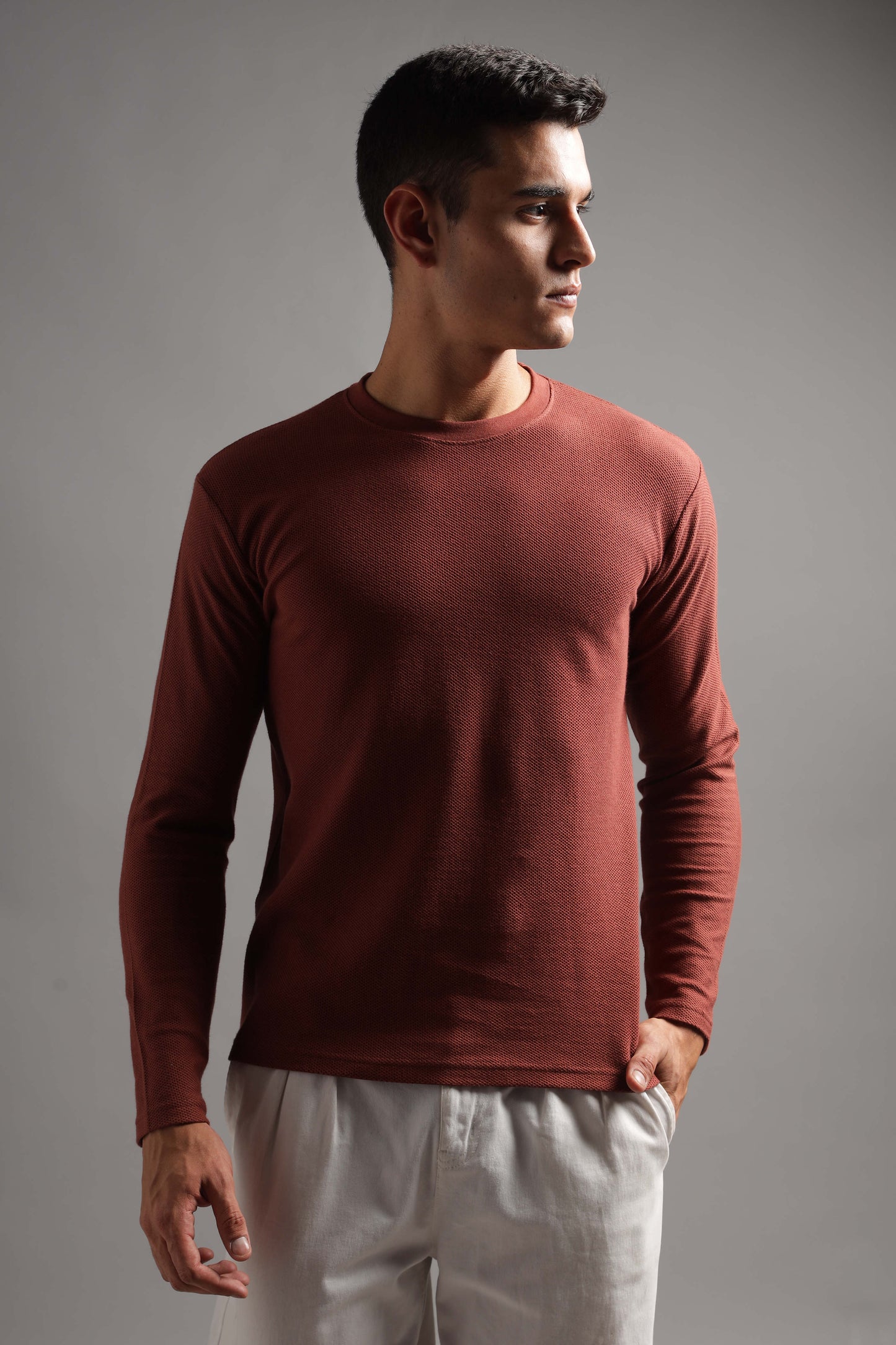 Honeycomb Waffle Textured Crew Neck Full Sleeve - Rust (Deep Maroon) - String Scape