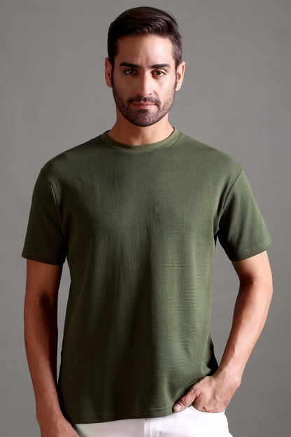 Waffle Textured Crew Neck - Olive Green - String Scape