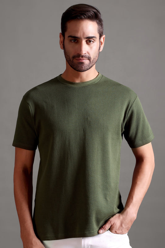 Waffle Textured Crew Neck - Olive Green - String Scape