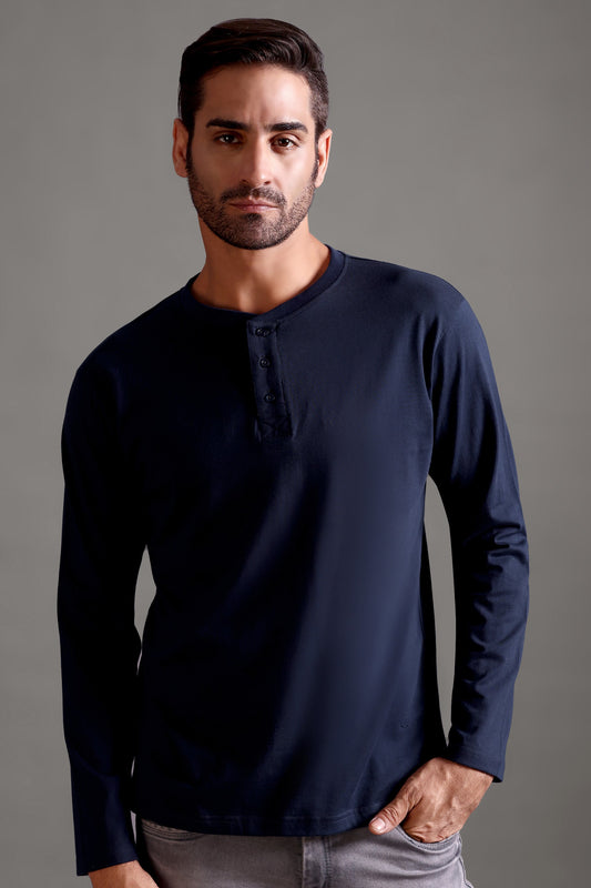 100% Pure Supima Cotton Henley Full Sleeve - Night Fall (Navy) - String Scape