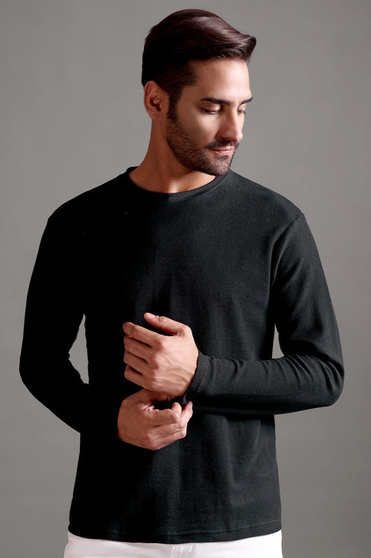 Honeycomb Waffle Textured Crew Neck Full Sleeve - Black - String Scape