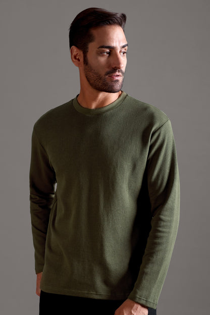 Waffle Textured Crew Neck Full Sleeve - Olive Green - String Scape-    920.00