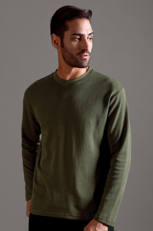 Waffle Textured Crew Neck Full Sleeve - Olive Green - String Scape-    920.00