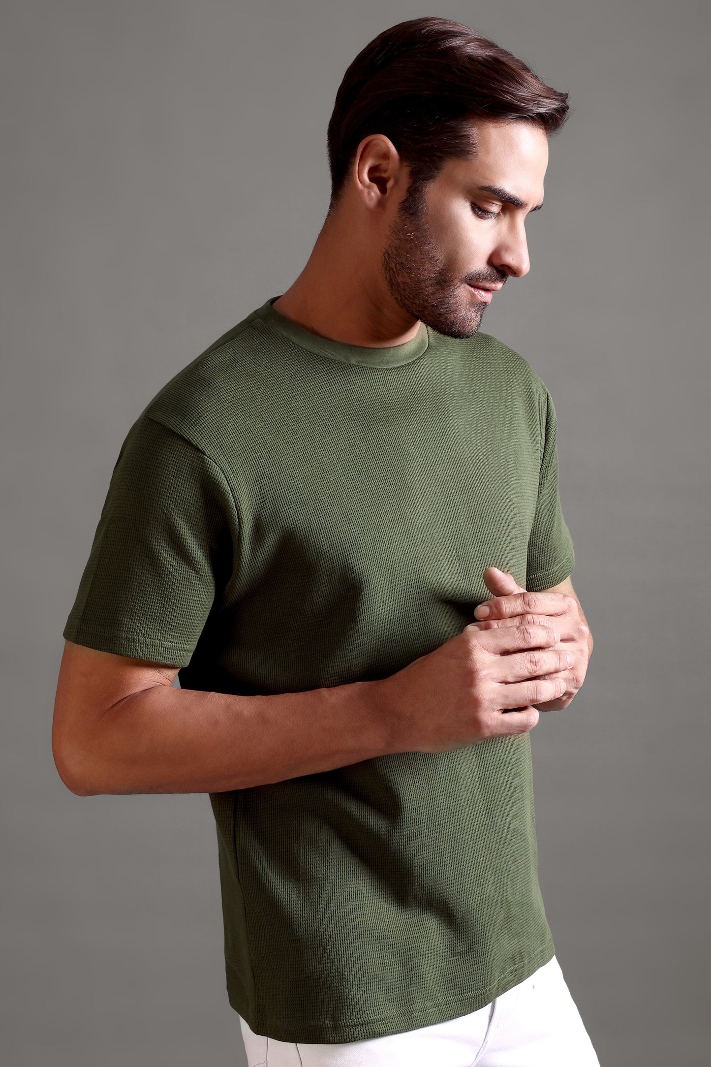 Waffle Textured Crew Neck - Olive Green - String Scape