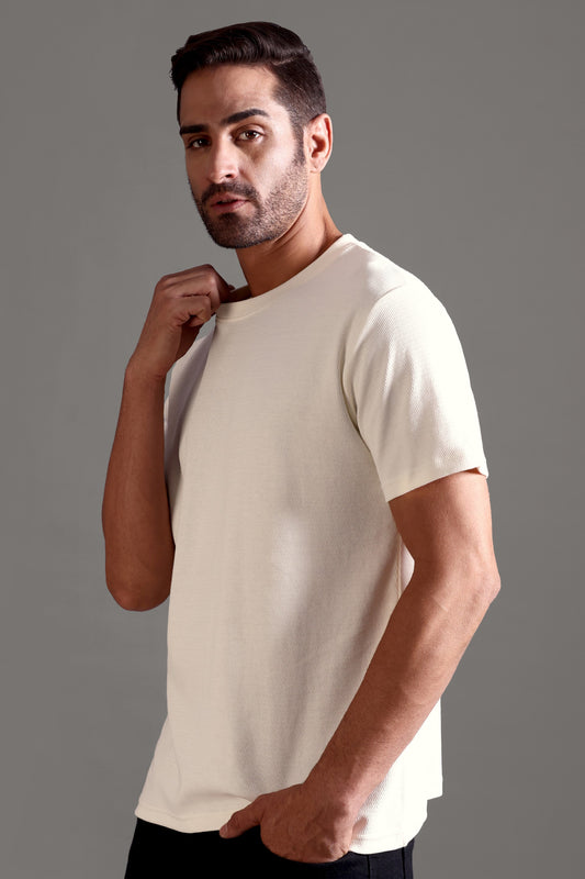 Eyelet Waffle Textured Crew Neck - Off White - String Scape