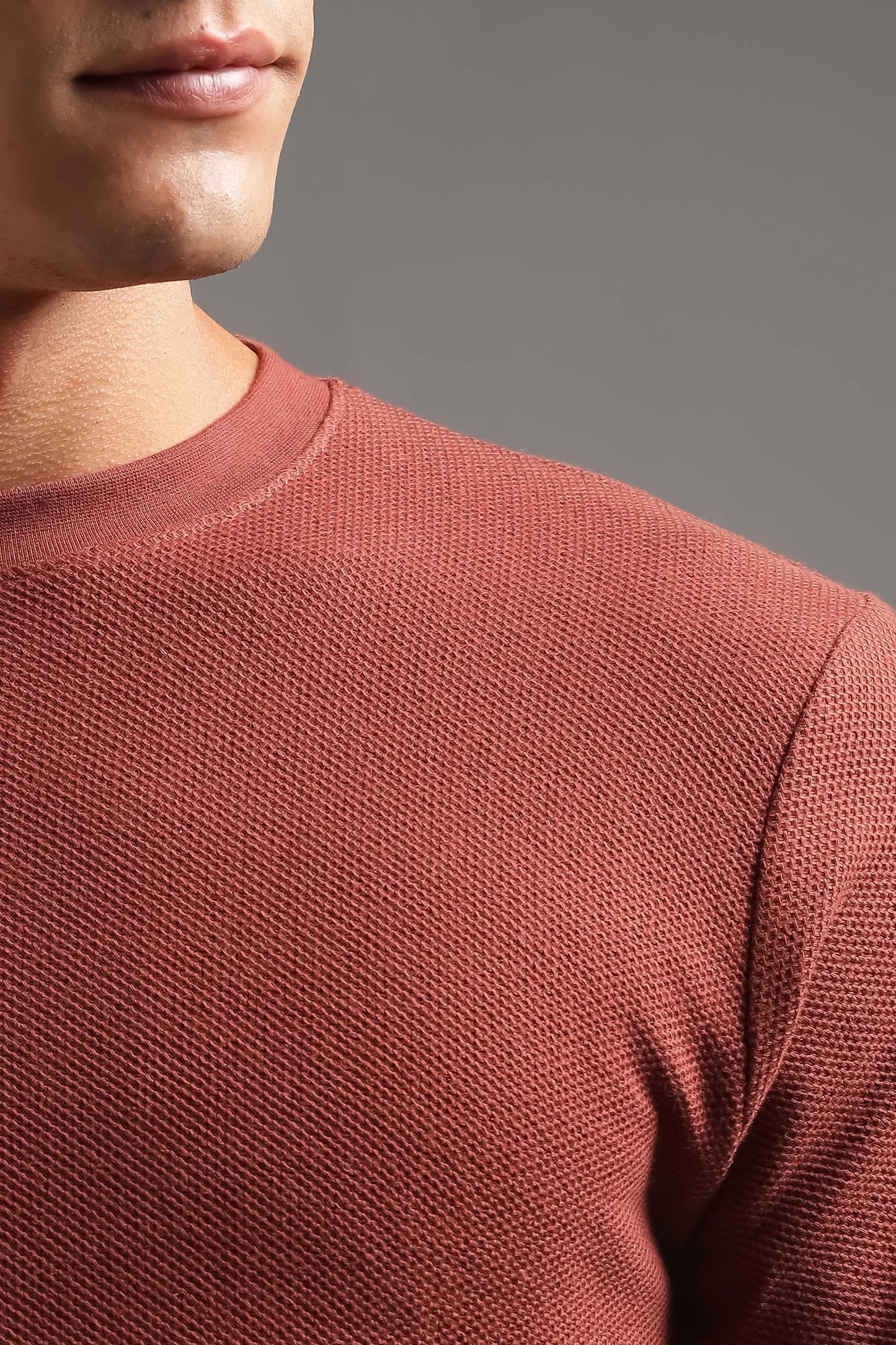 Honeycomb Waffle Textured Crew Neck Full Sleeve - Rust (Deep Maroon)