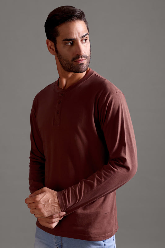 100% Pure Supima Cotton Henley Full Sleeve - Rust (Deep Maroon) - String Scape