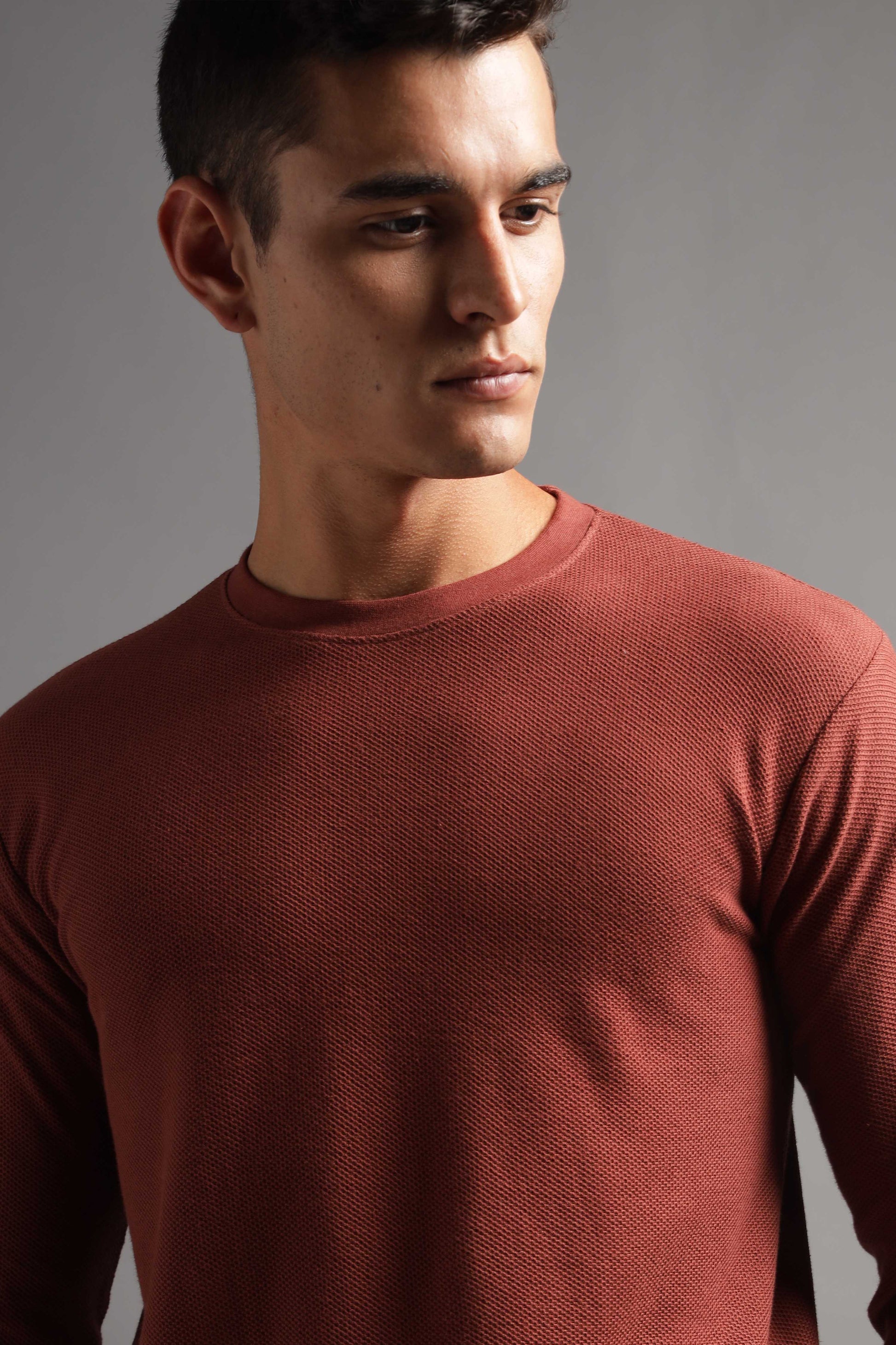 Honeycomb Waffle Textured Crew Neck Full Sleeve - Rust (Deep Maroon) - String Scape