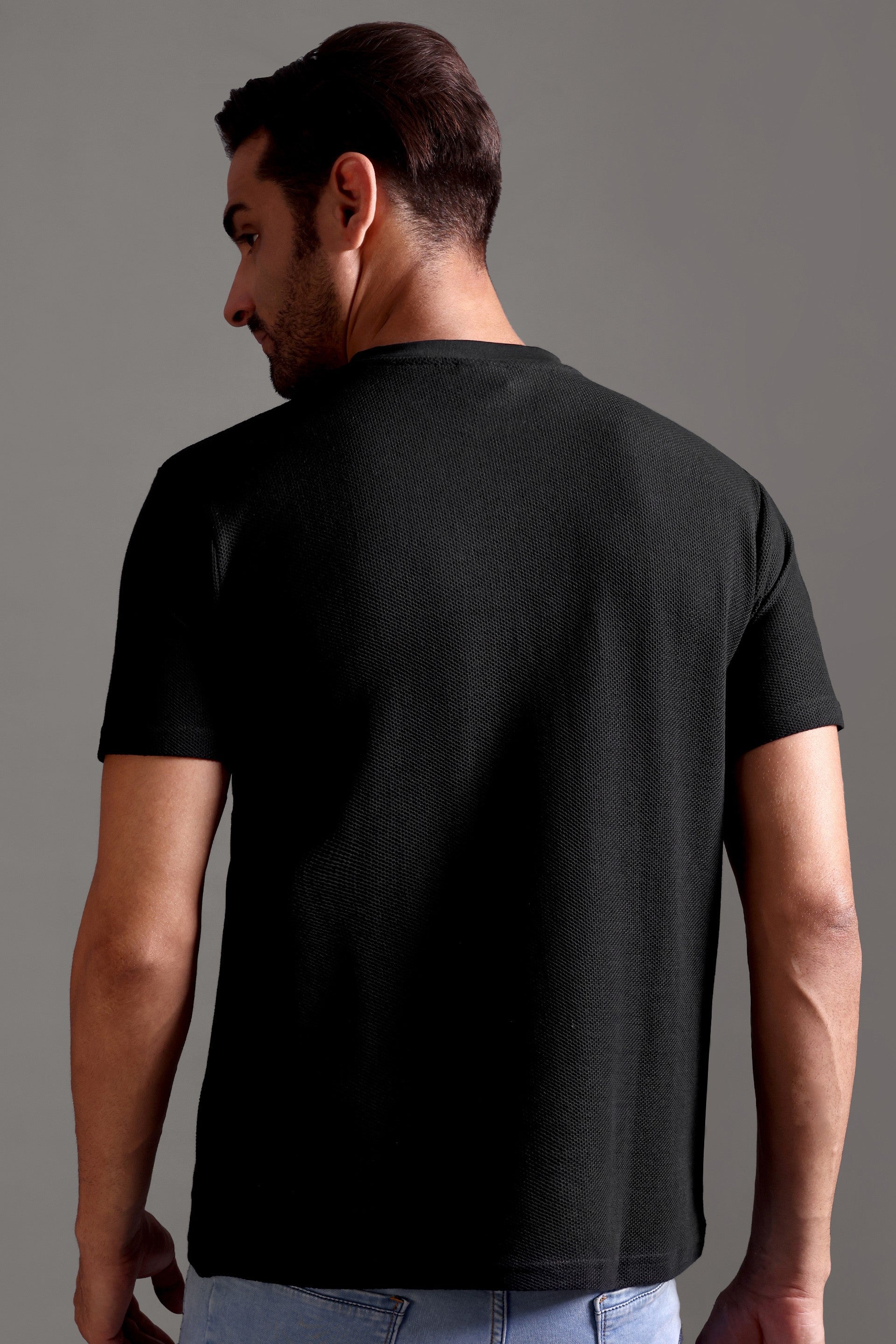 Honeycomb Waffle Textured Crew Neck - Black - String Scape