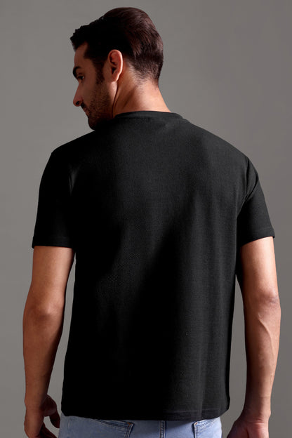 Honeycomb Waffle Textured Crew Neck - Black - String Scape