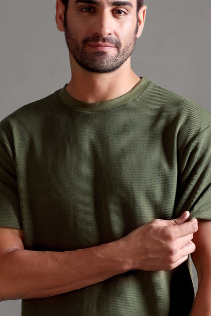 Waffle Textured Crew Neck - Olive Green - String Scape
