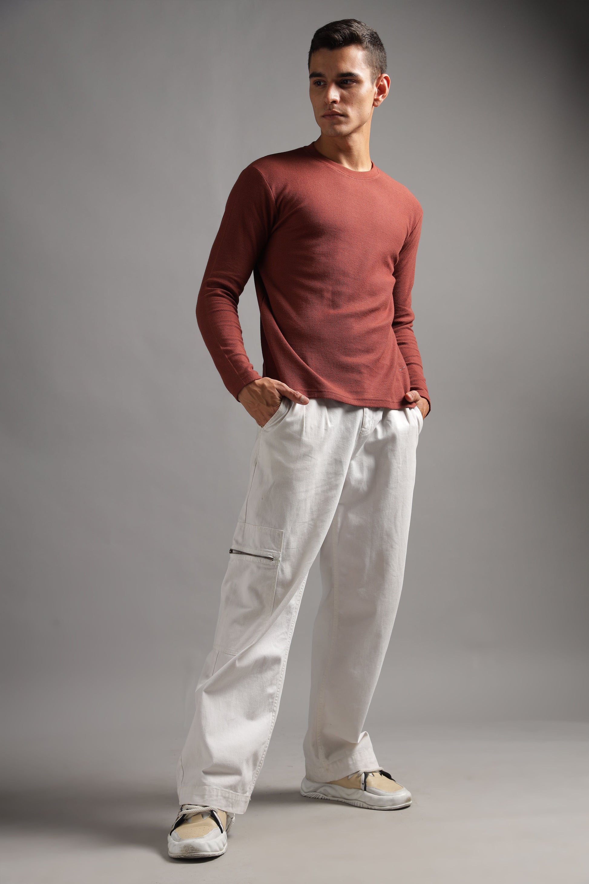 Honeycomb Waffle Textured Crew Neck Full Sleeve - Rust (Deep Maroon) - String Scape