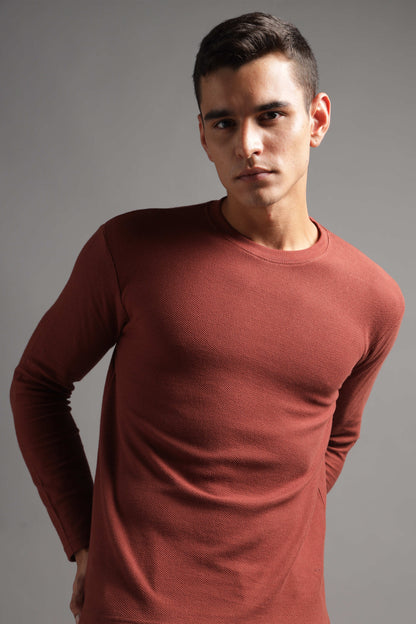 Honeycomb Waffle Textured Crew Neck Full Sleeve - Rust (Deep Maroon) - String Scape