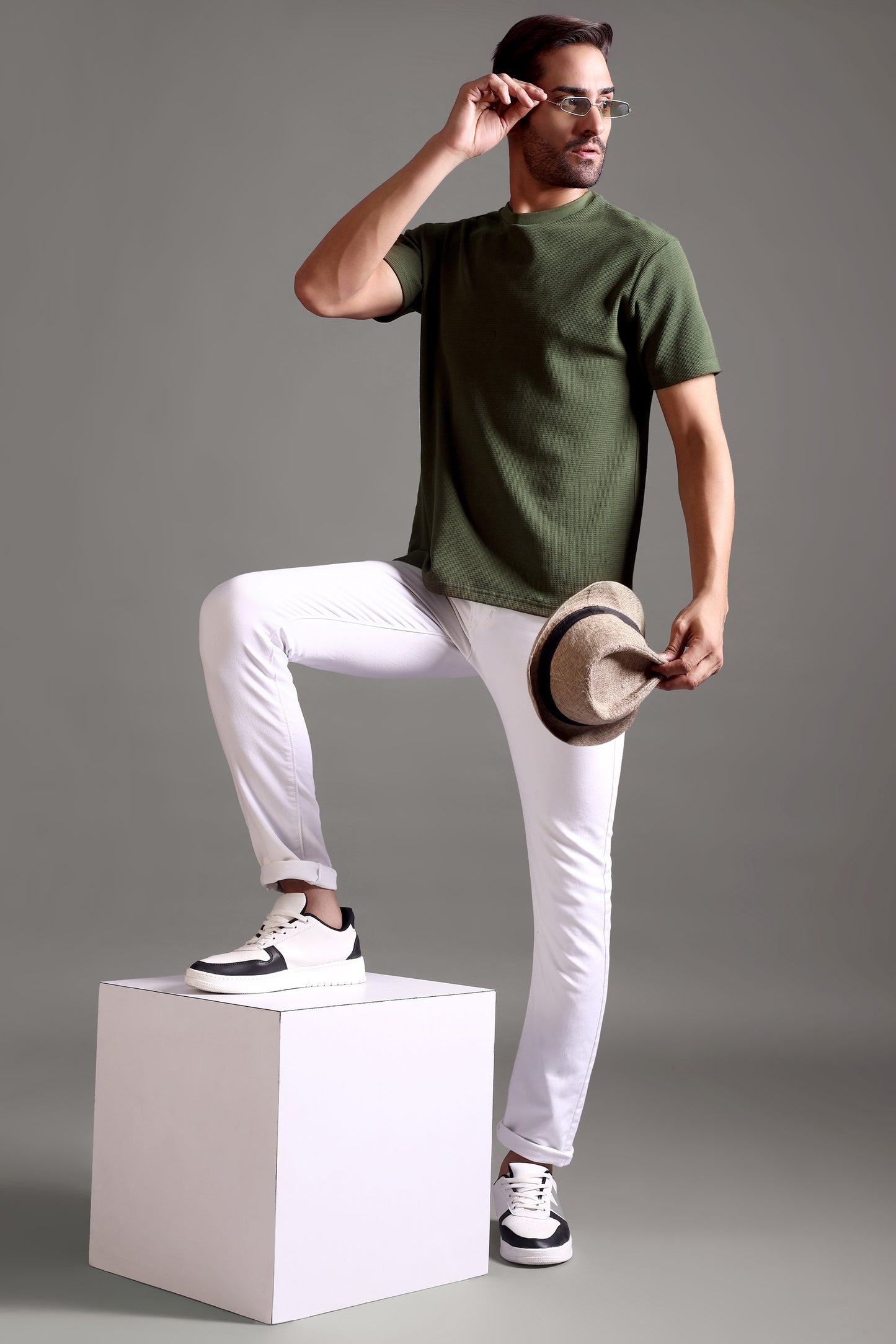 Waffle Textured Crew Neck - Olive Green - String Scape