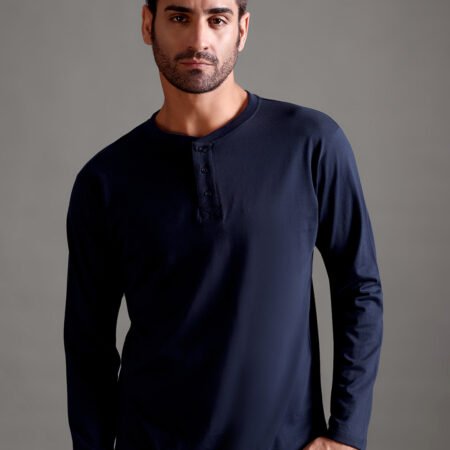 100% Pure Supima Cotton Henley Full Sleeve - Night Fall (Navy)