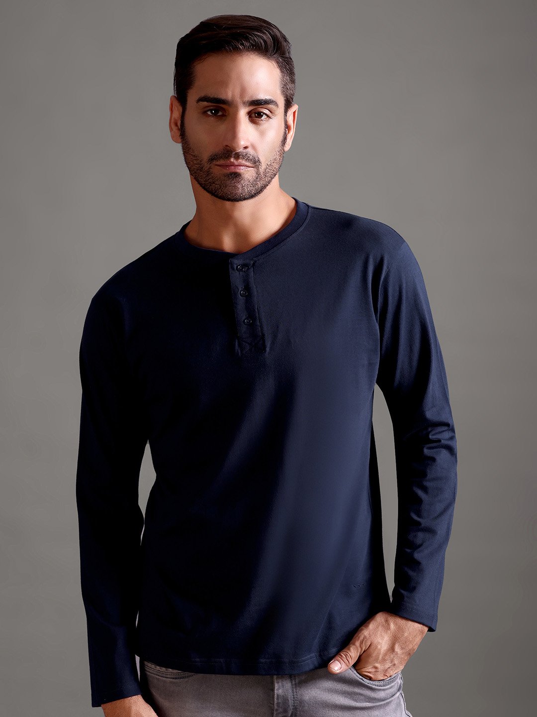 100% Pure Supima Cotton Henley Full Sleeve - Night Fall (Navy) - Image 1