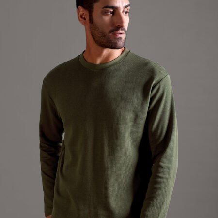 Waffle Textured Crew Neck Full Sleeve - Olive Green