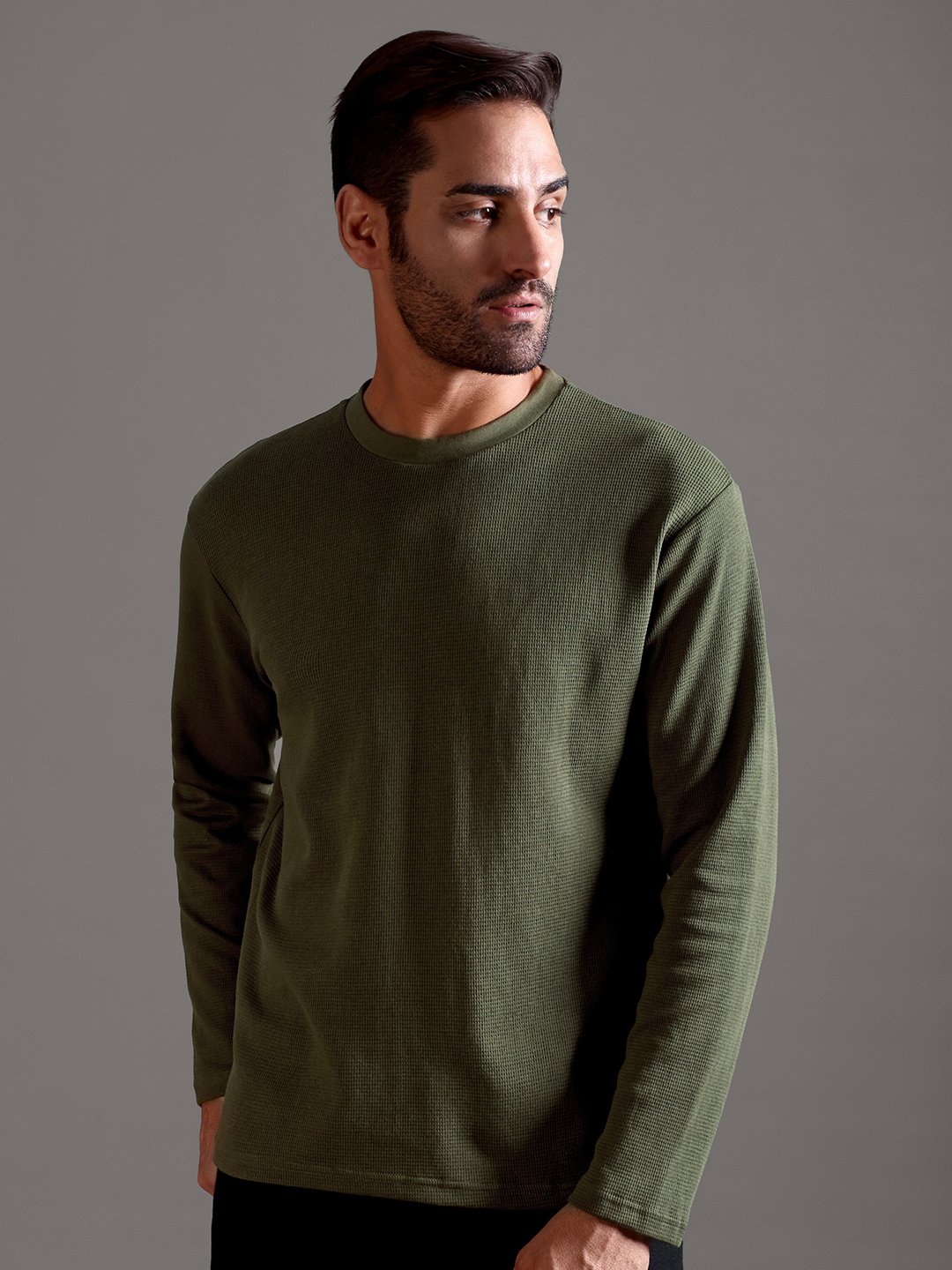 Waffle Textured Crew Neck Full Sleeve - Olive Green - Image 1