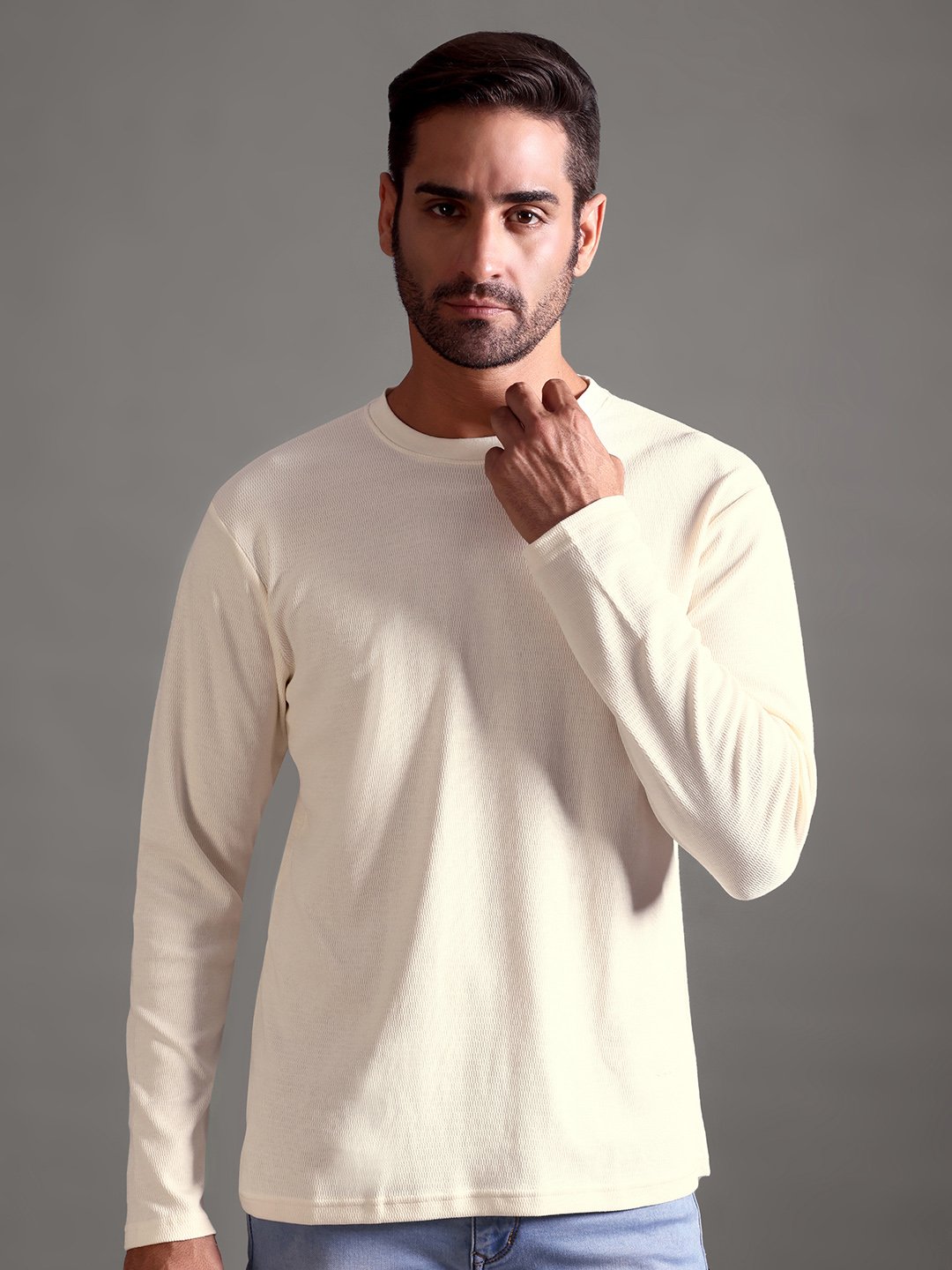 Eyelet Waffle Textured Crew Neck Full Sleeve - Off White - Image 1