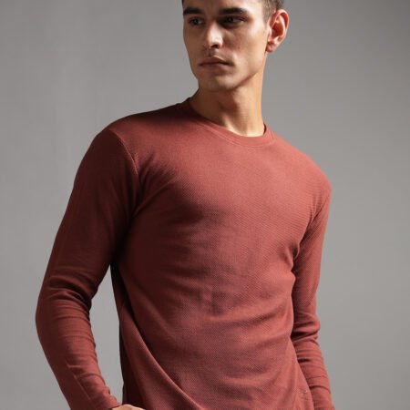 Honeycomb Waffle Textured Crew Neck Full Sleeve - Rust (Deep Maroon)