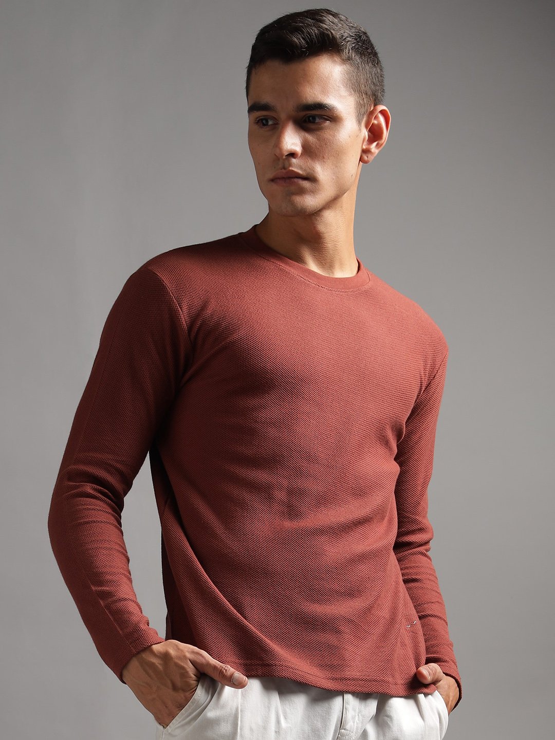 Honeycomb Waffle Textured Crew Neck Full Sleeve - Rust (Deep Maroon) - Image 1