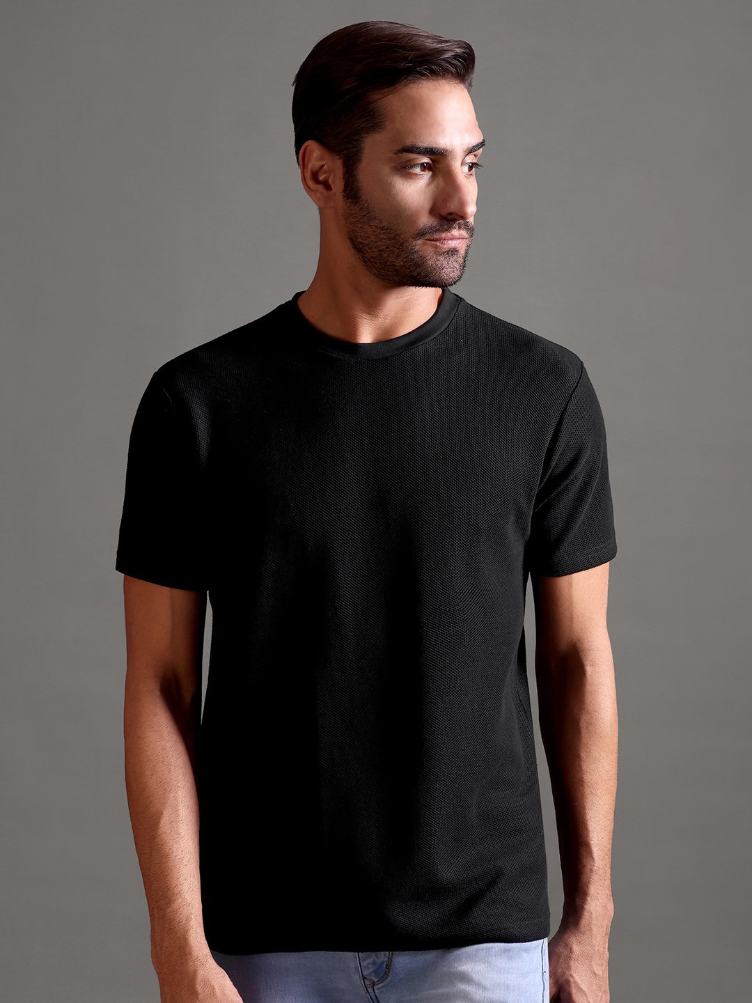 Honeycomb Waffle Textured Crew Neck - Black - Image 1