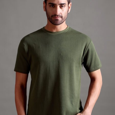 Waffle Textured Crew Neck - Olive Green - Image 1