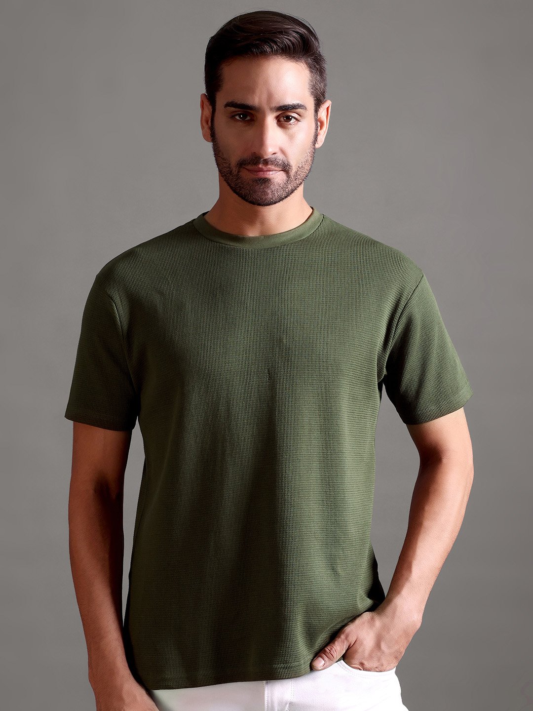 Waffle Textured Crew Neck - Olive Green - Image 1