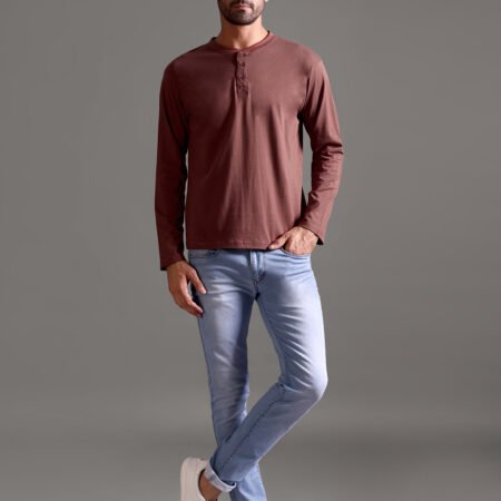 100% Pure Supima Cotton Henley Full Sleeve - Rust (Deep Maroon)