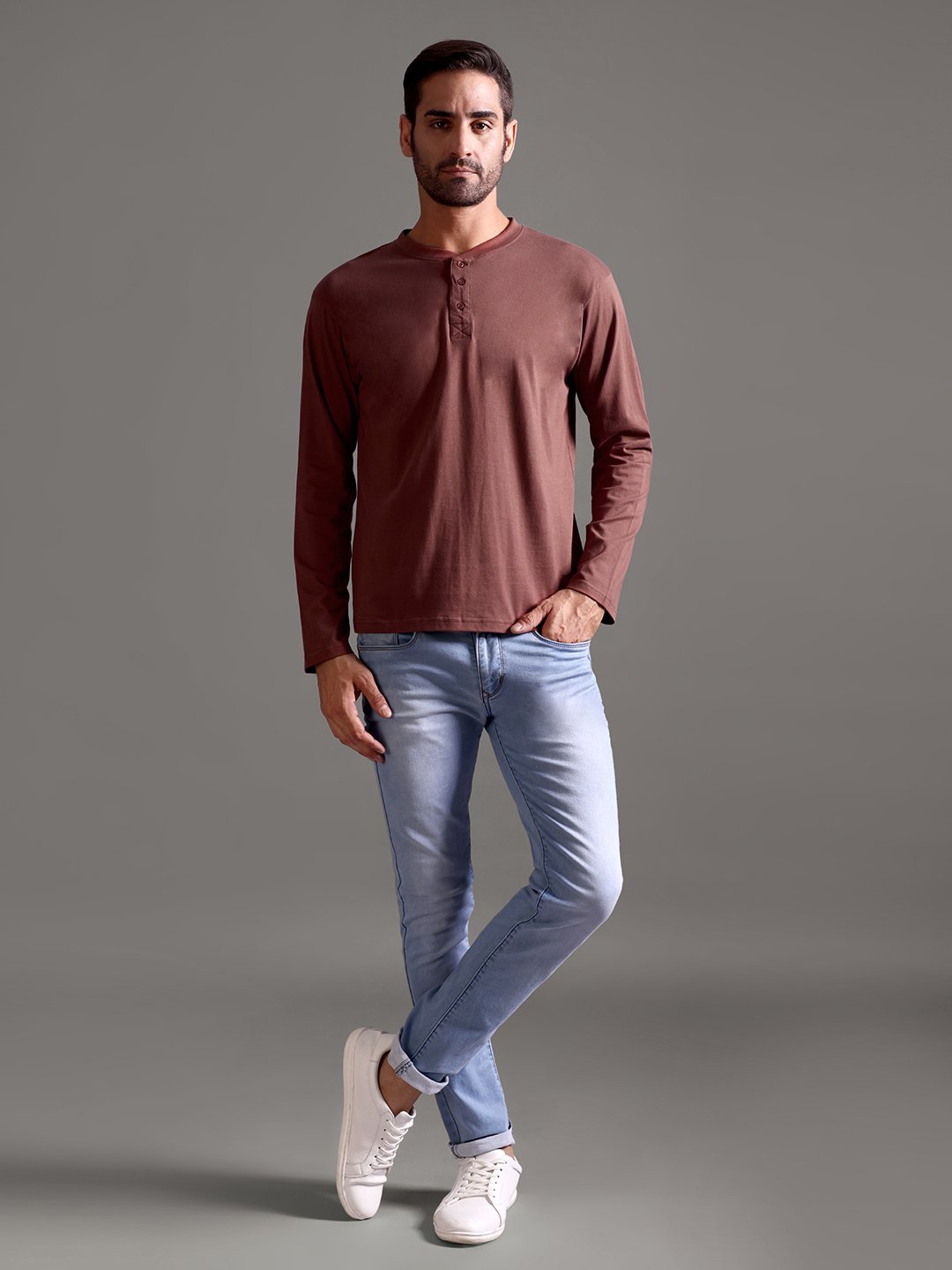 100% Pure Supima Cotton Henley Full Sleeve - Rust (Deep Maroon) - Image 1